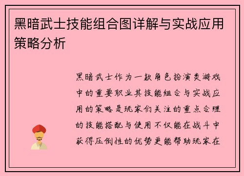 黑暗武士技能组合图详解与实战应用策略分析