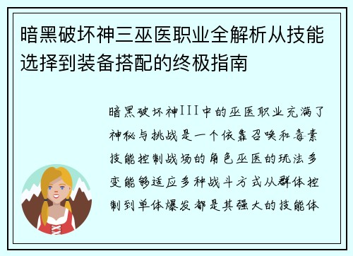 暗黑破坏神三巫医职业全解析从技能选择到装备搭配的终极指南